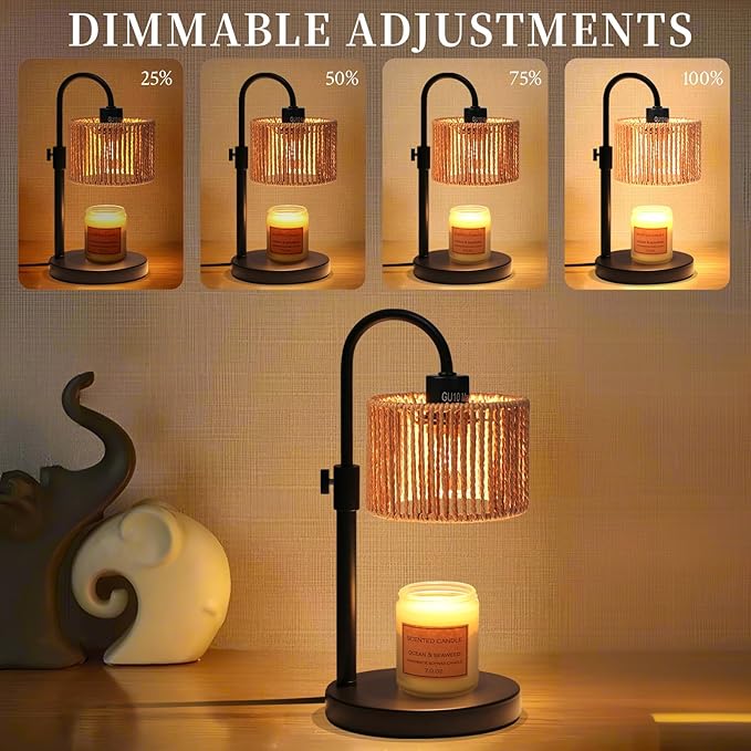FINCMY Boho Candle Warmer Lamp, Adjustable Height Candle Wax Warmer with Timer, Candle Lamp Warmer for Jar Candles, House Warming Gifts Brithday Gifts for Women Bedroom Home Decor (Rattan)