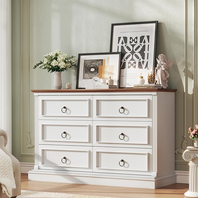 HUAHUU Farmhouse 6 Drawer Dresser for Bedroom, 47" Wide Chest of Drawers with Roman Column, White Wood Dresser with Antique Bronze Circle Handles, Storage Organizer for Living Room, Hallway, Entryway