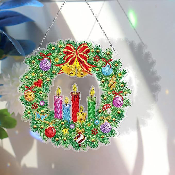 Diamond Art Christmas Candle Bells Wreath with LED Light String DIY 5D Diamond Dots Painting Christmas Hanging Pendant Special Shaped Gem Paint by Number Kits for Front Door Home Wall Christmas Decor