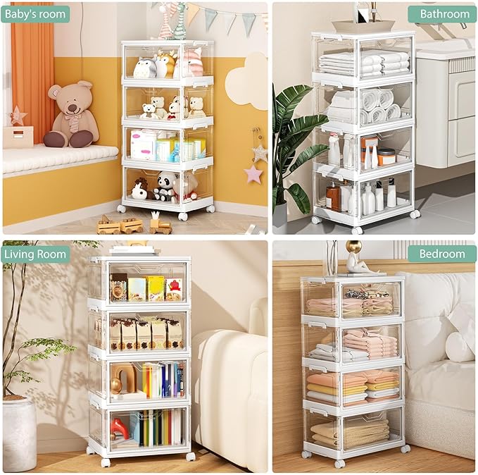 Clear Storage Bins with Lids - 4 Tier Plastic Bins with Wheels, Stackable Storage Bin, Closet Organizers Box for Bedroom, Living Room, 23 QT Folding Box with Magnetic door