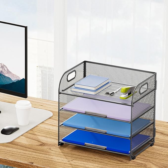 Marbrasse 4 Tier Paper Organizer Letter Tray - Mesh Desk File Organizer with Handle, Paper Sorter Organizer for Letter Office File Folder Holder (Grey, 12.6" x 9.1" x 10.7")