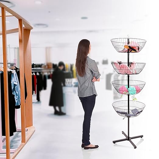 SSWBasics 4-Basket Wire Floor Spinner Rack and Dump Bin (63”H x 22”D) - Each Basket is 8”D x 22” Diameter - Great for Retail, Thrift, and Convenience Stores, Plus Home Organization