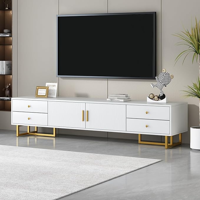 Amposei Modern TV Stand with Drawers for TVs up to 75'', Media Console Storage Cabinet Entertainment Center Furniture for Living Room Bedroom, Gold Metal Legs, 70.9-Inch, White