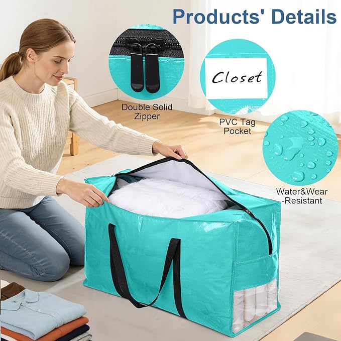 3Pcs Extra Large Heavy Duty Moving Bags with Reinforced Zippers & Handles, 67L Waterproof Storage Tote Bag Bins Alternative to Box Moving Supplies Space Saving for Travel College Dorm Essentials Multi