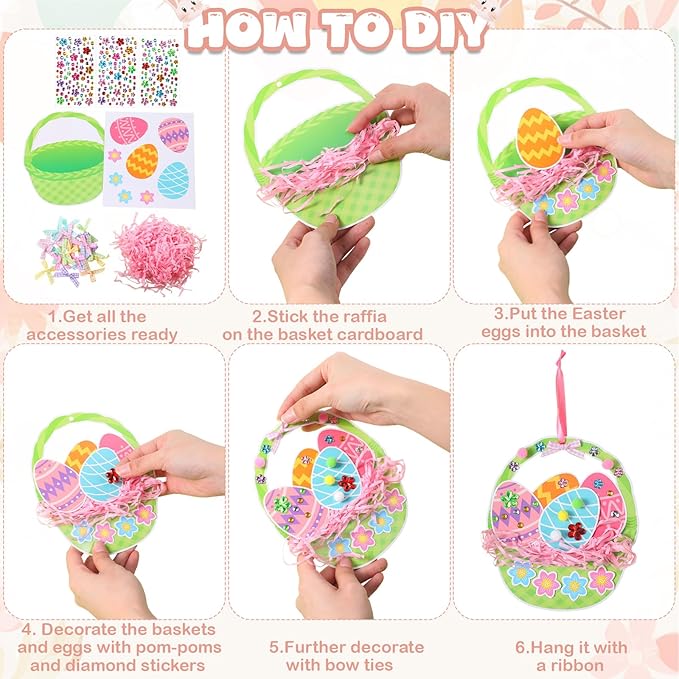 Funrous 48 Sets Easter Crafts Kit Easter Basket Egg Paper Crafts DIY Make Your Own Basket Hanging Ornaments Decorations with Pompoms Diamond Stickers Spring Classroom Activity Arts Gifts Party Favors