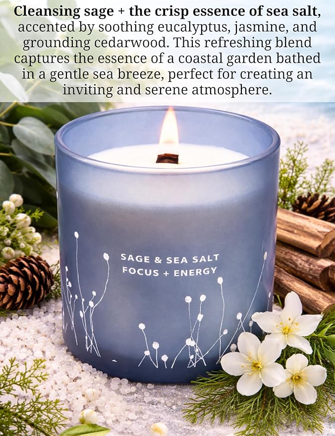 White Sage Sea Salt Wood Wick Soy Scented Candle, 10.6 oz | Sage Candle for Cleansing House | Aromatherapy Energy Cleansing Candle for Home, Meditation, Clean Burning Long Lasting