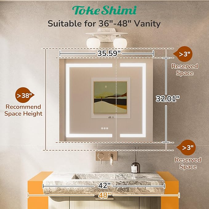 TokeShimi 36x32 Led Recessed Medicine Cabinet with Defogger, Anti-Fog Mirrored Medicine Cabinet with Light and Outlet, Frontlit 3 Colors Dimmable Mirror with Storage for Bathroom Modern