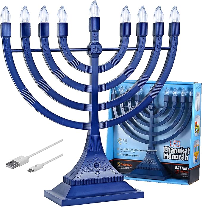 Zion Judaica Blue Electronic Hanukkah Menorah Powered by Batteries or USB 4' Cable Included Flameless Chanukkah Candles Holder LED Electric Minorah Bulbs Chanukah Deco Chanukkiah