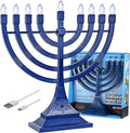Zion Judaica Blue Electronic Hanukkah Menorah Powered by Batteries or USB 4' Cable Included Flameless Chanukkah Candles Holder LED Electric Minorah Bulbs Chanukah Deco Chanukkiah