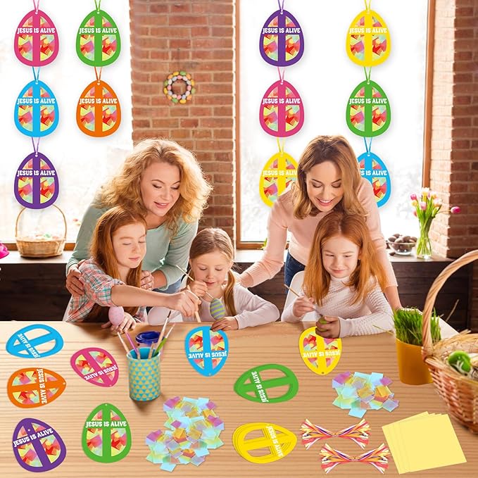Qyeahkj 36 Set Easter Eggs Suncatchers Crafts for Kids DIY Jesus is Alive Cross Window Tissue Paper Craft Kit Religion Hanging Decor for Church School Home Activity Art Project Party Favor Gift