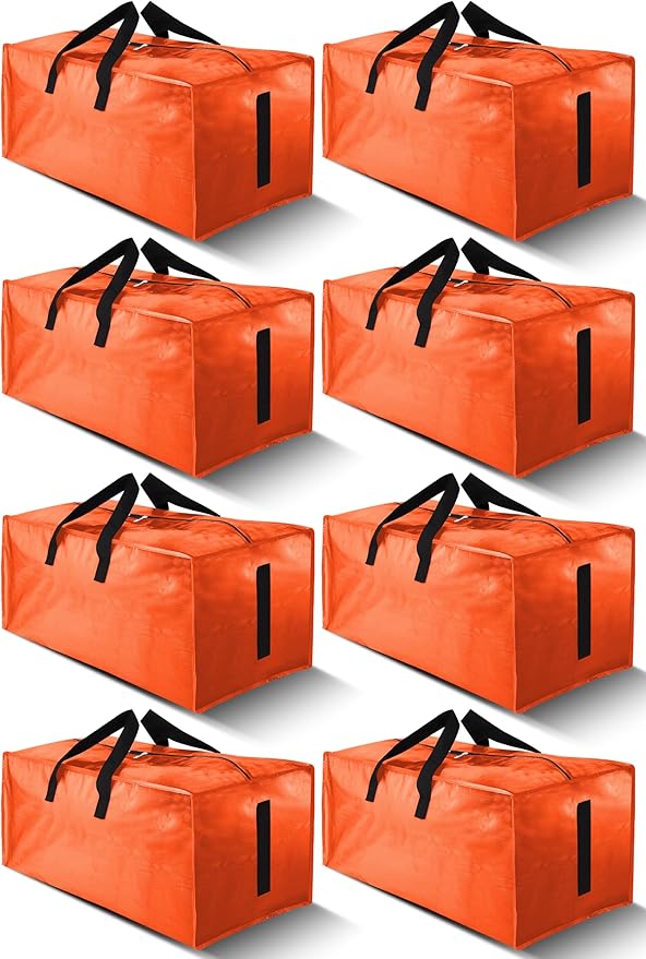 HOMESURE 8 Pack Large Strong Moving Bags with Zippers & Carrying Handles - Water-Resistant - Heavy Duty Storage Tote for Space Saving, Fold Flat, Alternative to Moving Box (Orange)