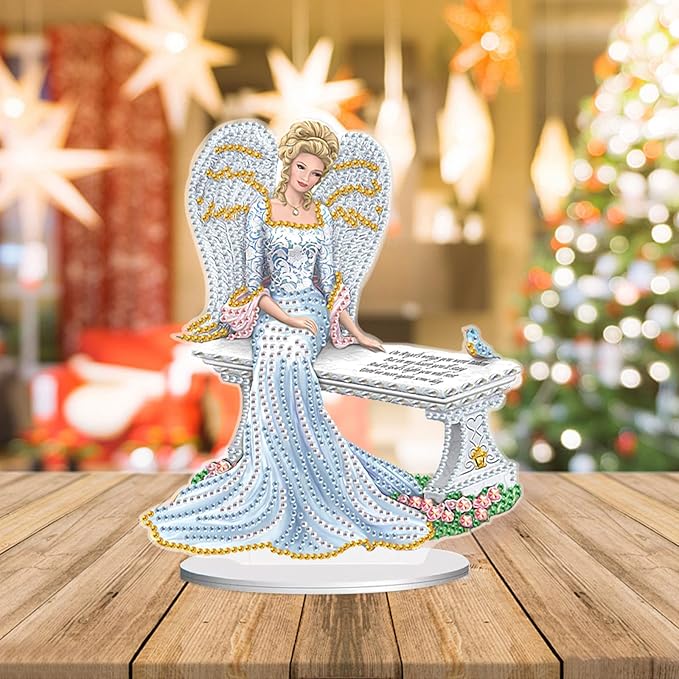 antor DIY Diamond Art Painting Desktop Ornament Kit, Acrylic Tabletop Diamond Art Decoration, Special Shape Crystal Diamond Painting Ornaments for Adult Beginner, Angel Figurine Sitting on Bench