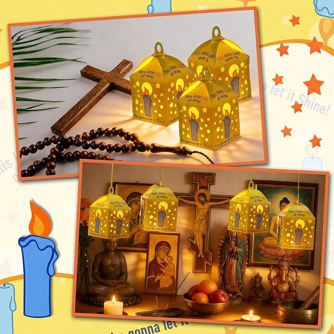 Simgoing 24 Sets Religious Candle Lantern Crafts with LED Candle Light Tissue Paper Light of Mine Lanterns Craft Kits DIY Vbs Christ Suncatchers Lanterns Hanging for Sunday School Christian Decoration