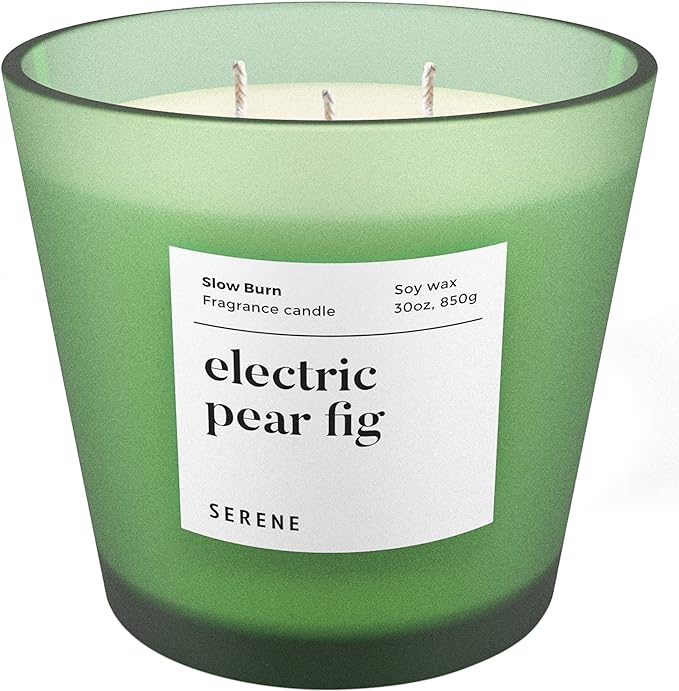Hidden Label Electric Pear Fig Scented Candle, 30oz Large 3 Wick Natural Soy Wax Candle, 120 Hours Slow Burn Aromatherapy Candle for Home, Serene Collection Luxury Home Décor