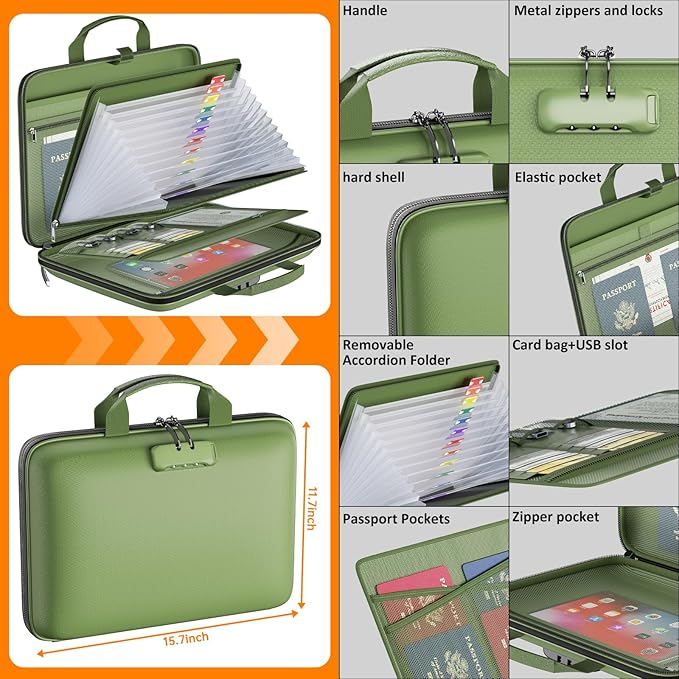 Fireproof File Organizer with Lock, Hard Case Fireproof Document Box with 13 Pockets Accordion File Folder, Important Document Organizer for Letter A4 Files Laptop Passports (Green)