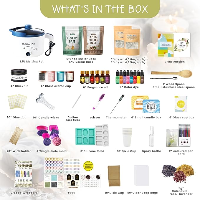 PIUH Deluxe DIY 2-in-1 Candle & Soap Making Supplies Kit with Wax Soap Melter and Candle Making Supplies for Adults Beginners, Complete Candle Soap Making Craft Kits with Melting Pot and Supplies