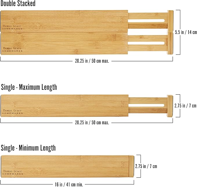 Bamboo Kitchen Drawer Organizer Divider Stackable for Deep Drawers. (Set-of- 4) Spring Loaded Dividers that are Expandable & Adjustable. Kitchen Organizer.