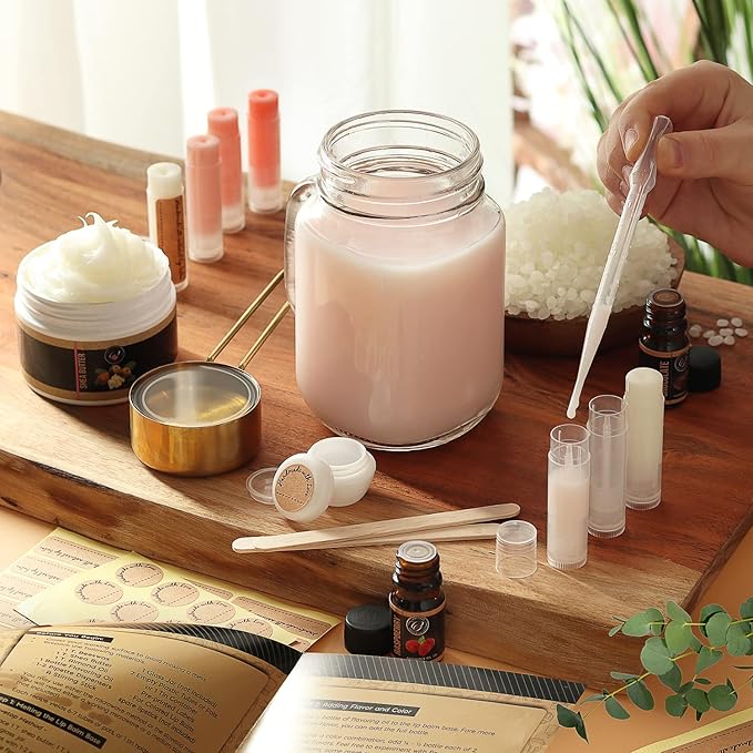 CraftZee 𝗣𝗥𝗘𝗠𝗜𝗨𝗠 Lip Balm Making Kit. DIY Lip Gloss Pack, Natural Beeswax, Shea Butter, Sweet Almond Oil, Essential Oils, Tools, Instruction Manual, Adult Craft Kit