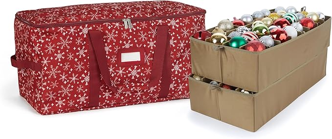 Covermates Keepsakes Adjustable Ornament Storage Bag – Heavy-Duty Polyester, Padded Dividers & FlexGrid Trays – Protective Holiday Ornament Organizer with Handles & Label Window, Red Snowflake
