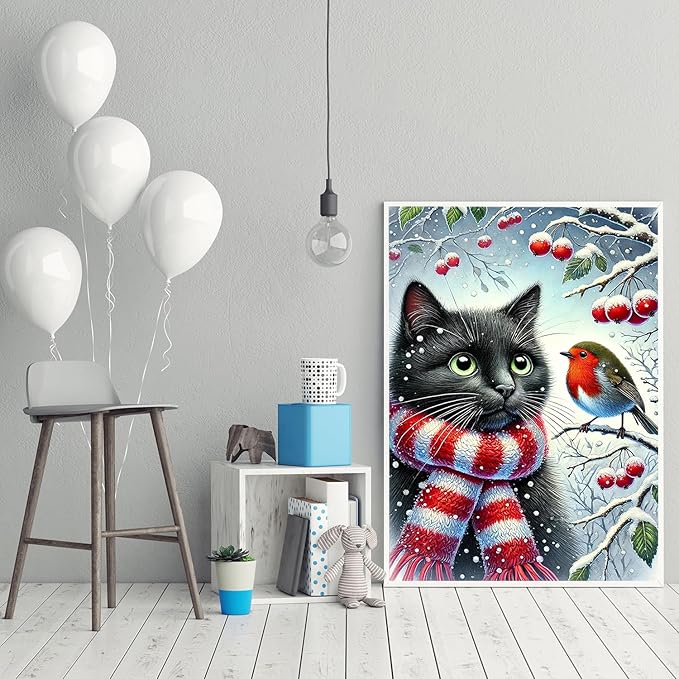 Winter Diamond Painting Kits for Adults Beginners,DIY Cat Hummingbird Diamond Art,5D Full Round Drill Diamond Dot Gem Art Kits,Home Wall Decor 12x16 Inch