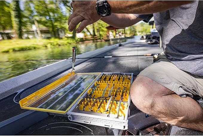 Plano Edge 3700 Vertical Jig & Spybait Box Tackle Storage, Gray and Yellow, Holds Up to 52 Vertical Baits, Rust-Resistant and Waterproof Bait Organizer Box