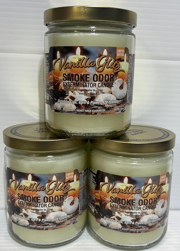 Smoke Odor Exterminator 13 oz Jar Candles Vanilla Glitz, Set of Three Candles.