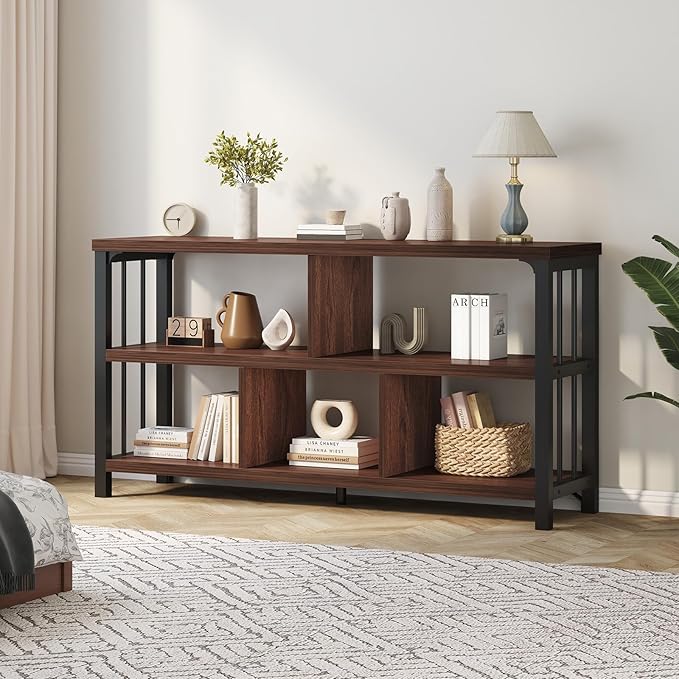 IBF Horizontal Bookshelf, Industrial 5 Cube Storage Organizer Open Shelf, Modern Wide Book Shelf for Bedroom Living Room, Rustic Wood and Metal Low Short Bookcase for Home Office, Walnut Oak, 47 Inch
