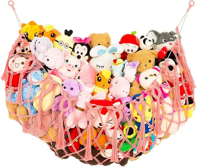 Large Stuffed Animal Net or Hammock for Flat Wall Mounted Handmade Macrame Toy Hammock Plush Display (Pink)