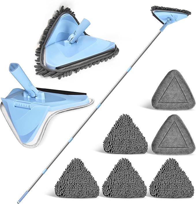NEWE Wall Washer Mop with 80 Inch Long Handle, Wall and Ceiling Cleaner, 180° Folding Wall Scrubber with Long Handle, Triangle Baseboard Scrubber, 4 Chenille Duster & 2 Microfiber Pads