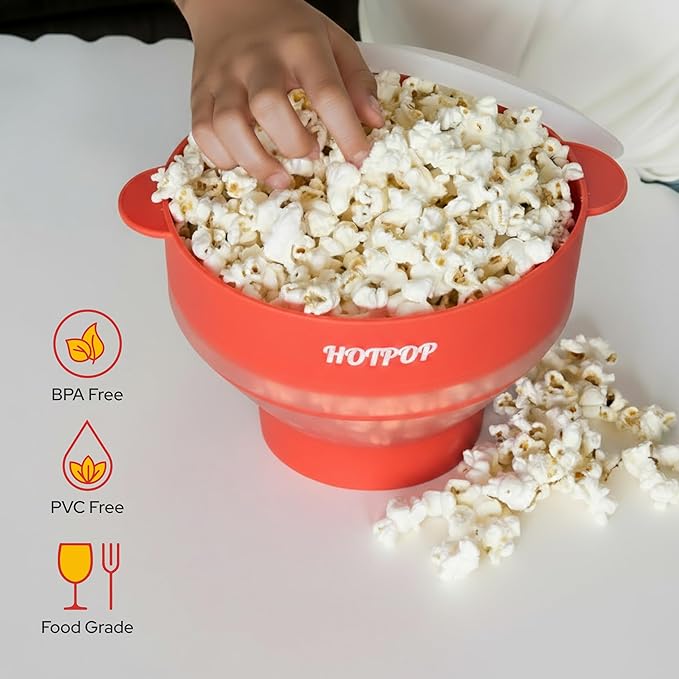 The Original Hotpop Microwave Popcorn Popper, Silicone Popcorn Maker, Collapsible Bowl BPA-Free and Dishwasher Safe- 20 Colors Available (Transparent Red)