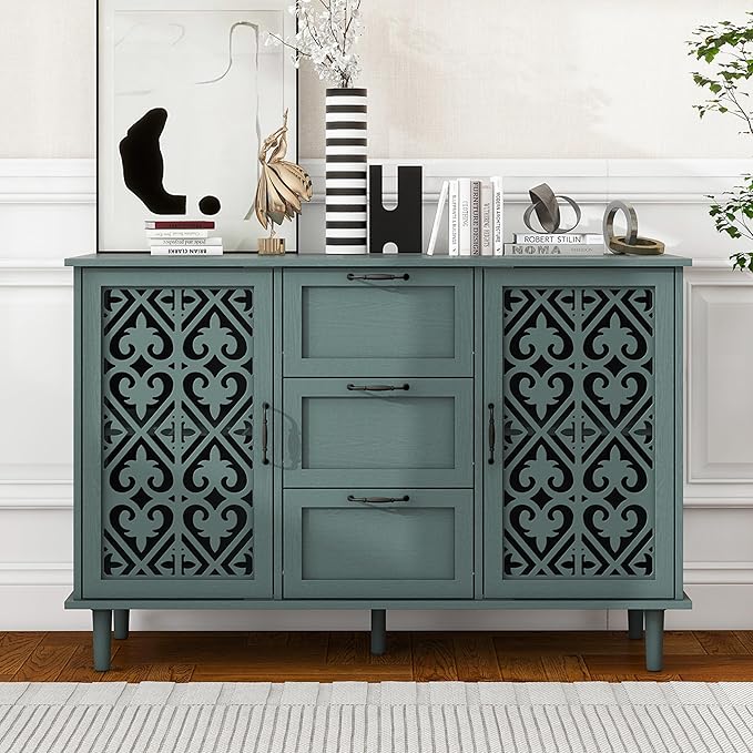 Vistavie Sideboard Buffet With Storage - Accent Cabinet With Carved Pattern, American Furniture 2 Door 3 Drawer, Farmhouse Wood Credenza for Entryway, Dining Room, Study Room