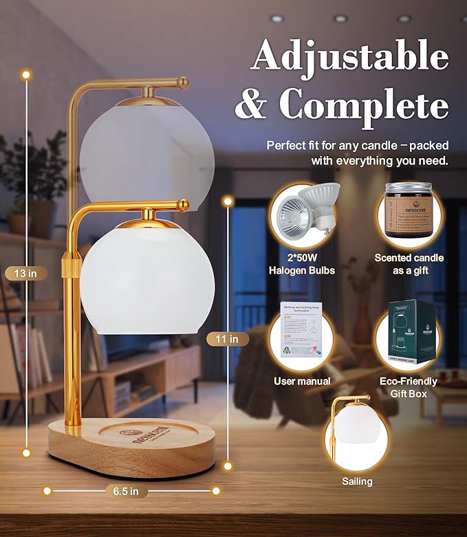 White Glass Candle Warmer Lamp Adjustable Height Dimmer 2 4 8 Hour Timer Natural Wood Base Wax Melter Includes Scented Candle and 2 Bulbs for Bedroom Living Room Modern Minimalist Decor