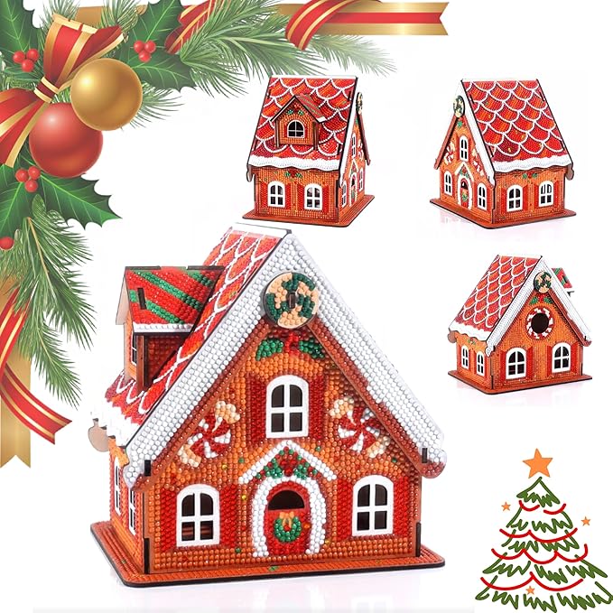 Party Ready 3D Diamond Painting Gingerbread House Christmas Cabin Kit – DIY Holiday Décor, Full Drill Mosaic Art, Festive Craft Kit (Gingerbread House 3)