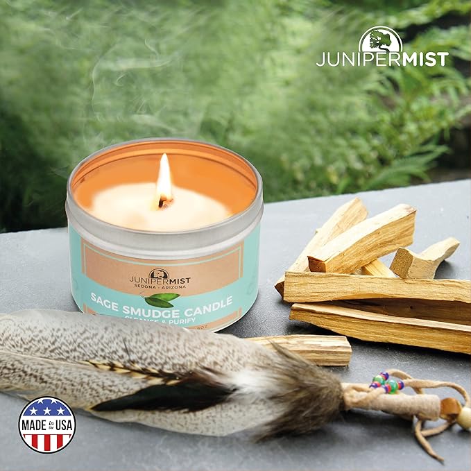 Sage Candle (6 Oz) - for Meditation & Cleansing Negative Energy - Made in USA with Soy Wax, Essential Oils, Real Sage - Smokeless Alternative to Smudge Sticks