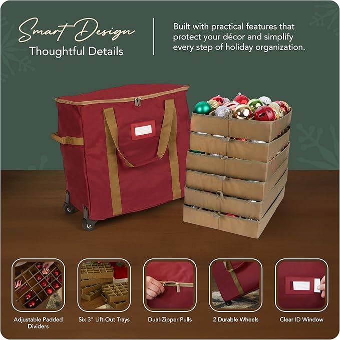 Covermates Keepsakes Rolling Adjustable Ornament Storage Bag – Heavy-Duty Polyester, FlexGrid Trays & Padded Dividers – Protective Holiday Organizer with Wheels, Handles & ID Window, Red
