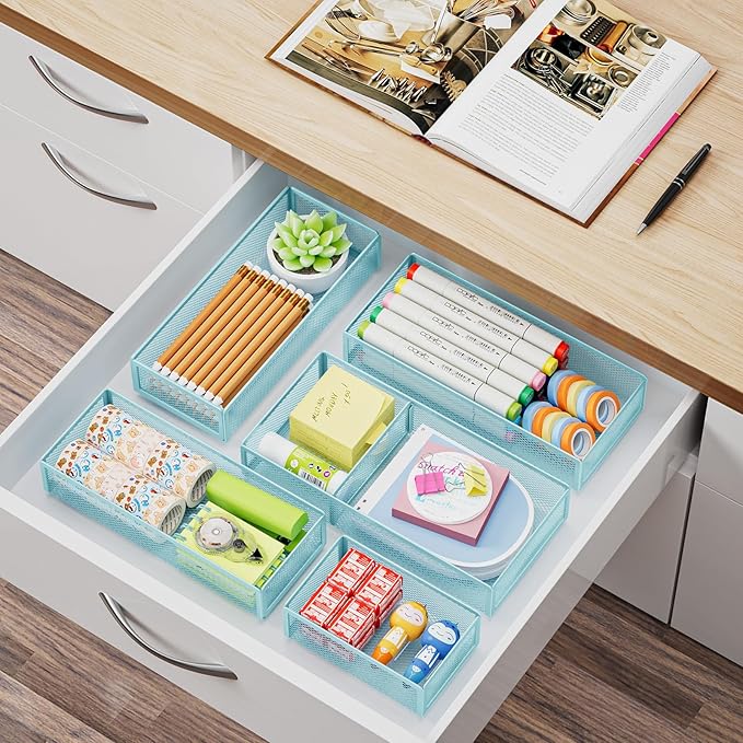Marbrasse 5 Pack Desk Drawer Organizer Set, Mesh Drawer Storage Trays with 1 Adjustable Divider, Desk Organizers and Accessories, 5 PCS Drawer for Office Supplies, Makeup & Vanity (Blue)