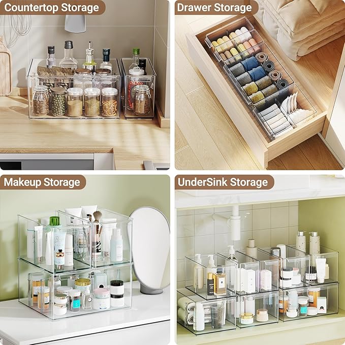 Clear Plastic Storage Bins with Dividers for Fridge Pantry Organizers and Storage Containers, 6 Pack Large Acrylic Stackable Sturdy Storage Boxes for Home Edit and Cabinet Organizers C6-4