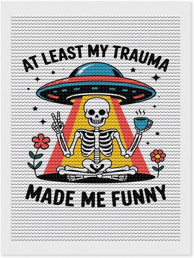 KIVJMSIDJA Skull Skeleton “At Least My Trauma Made Me Funny” Diamond Art Kits for Adults for Beginners, 5D Full Diamond Art Paint 12"x16"