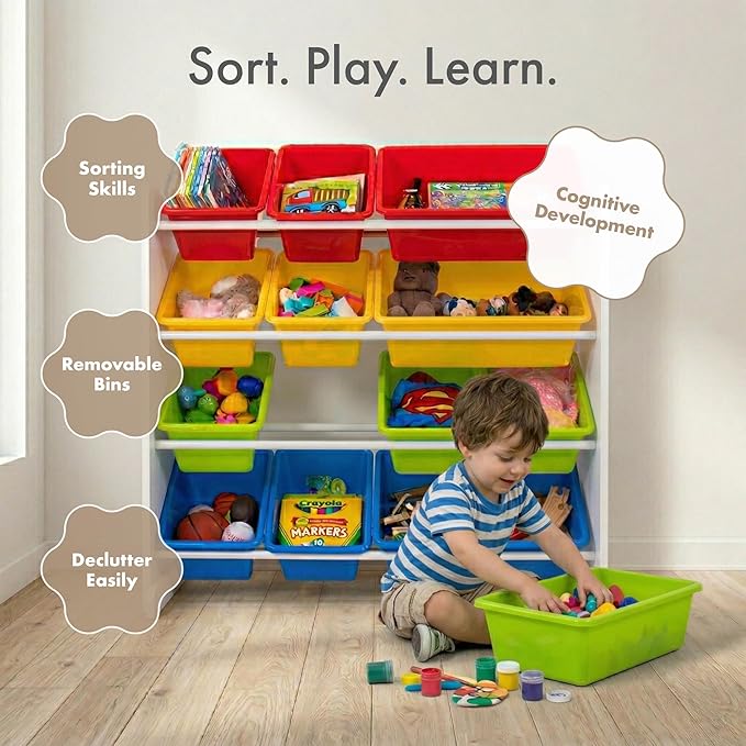 Humble Crew Kids Toy Storage Organizer with 12 Plastic Bins, White/Primary – Removable Bins for Playroom, Bedroom, Toddler Furniture for Boys and Girls Ages