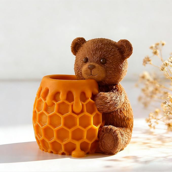 Honeycomb Bear Cylinder Candle & Resin Mold - Resin Casting Silicone Molds for Home Decor & Candle Making Wave Spiral Mold