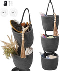 Fabric Wall Hanging Organizers - Small Woven Baskets Pouches Set Boho Style Wall Mounted Bag with Adhesive Hook, Storage Decoration Pocket Caddy for Closet Playroom RV Nursery (Gray & Black)