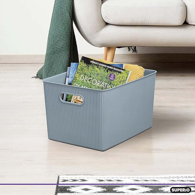 Superio Ribbed Collection - Decorative Plastic Basket Open Home Storage Bins Organizer, X-Large Blue (6 Pack) Container Boxes for Organizing Closet Storage Bins for Shelves 22 Liter/23 Quart