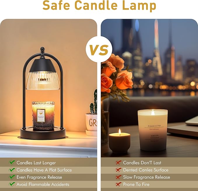 GyroVu Candle Warmer Lamp with Timer, 3-Level Dimmable Candle Lamps with Glass Shade, Electric Candle Light Wax Melt Warmer for Scented Wax, Black Warmer Lamp for Women Home Decor (2 Bulbs Included)