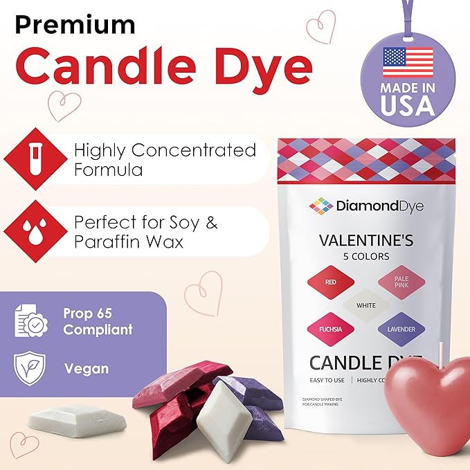 Candle Dye - Made in The USA - 5 Valentine Colors (Red, Pale Pink, White, Lavender, Fuchsia) for Paraffin or Soy Wax - Highly Concentrated - Great for Professionals or Hobbyist - 50 Dye Chips