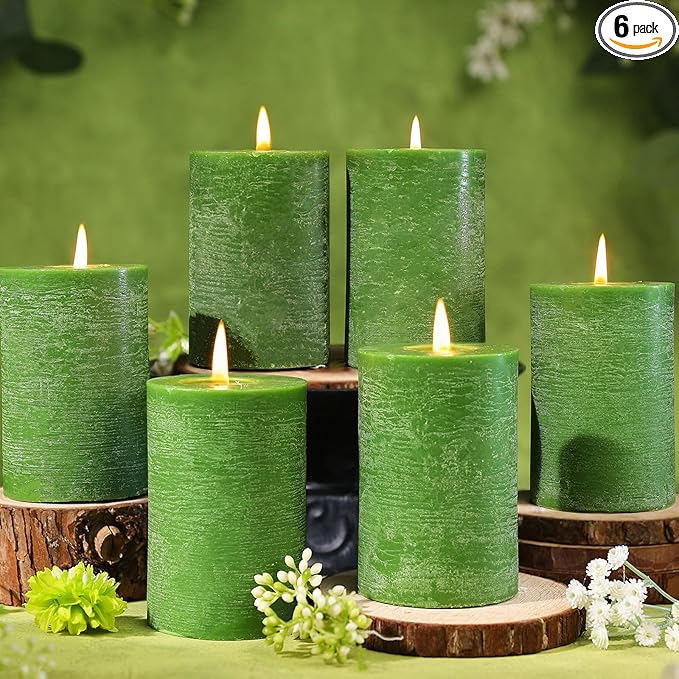 6 Pack Moss Green Soy Pillar Candles,Natural Soybean Pillar Candles,330 H Long Lasting Burning-Unscented,Dripless and Smokeless Rustic Hand-Poured Candles Dinner Table,for Wedding,2.8x4in