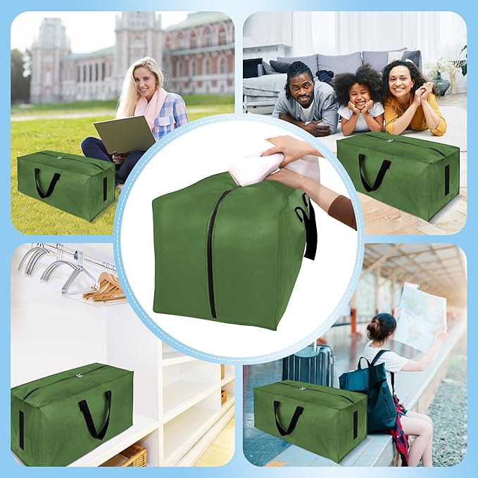 HOMESURE 8 Pack Large Strong Moving Bags with Zippers & Carrying Handles - Water-Resistant - Heavy Duty Storage Tote for Space Saving, Fold Flat, Alternative to Moving Box (Olive Green)