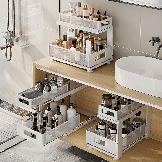 2 Pack Under Sink Organizer with Next-Gen Ball-Bearing Slides,2-Tier Pull Out Cabinet Storage,Height Adjustable Drawer Shelf for Bathroom,Kitchen,Laundry,Cabinet,Pantry(Patent Pending)