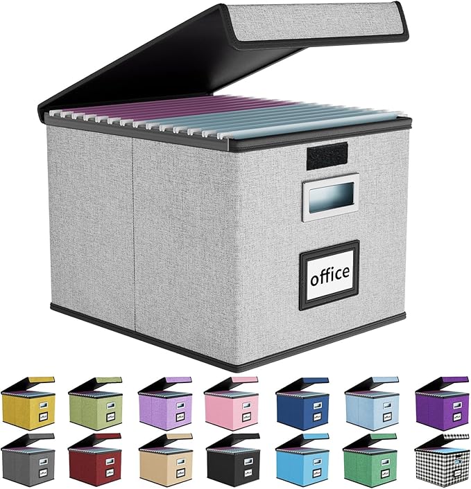 Huolewa Upgraded Portable File Organizer Box with Lid, Collapsible Linen Hanging Filing Storage Boxes with Plastic Slides, Decorative Home/Office Filing System Box for File and Folders Storage (Gray)