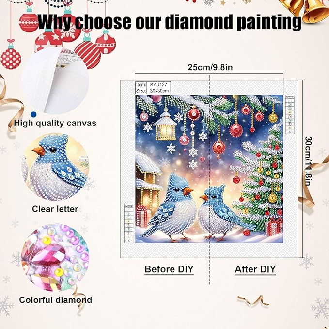 Diamond Art Painting Kits for Adults Christmas Bluebird, 5D Special Shape Diamond Art Kits for Beginners, Crystal Rhinestones Diamond Art Painting for Home Wall Christmas Decoration Gift 12×12inch