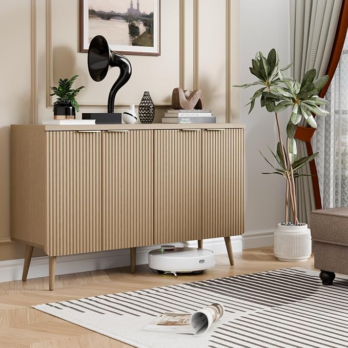 47.2" Sideboard Buffet Cabinet with Storage, Modern Fluted Accent Credenza with 4 Doors, Buffet Media Console Entryway Cabinet with Adjustable Shelve for Living Dining Room Hallway, Natual Oak